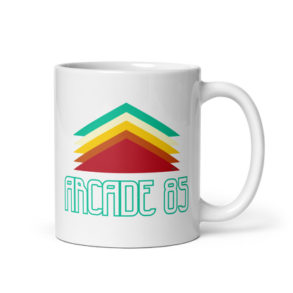 White mug with "Arcade 85" Original Nine-29 Design