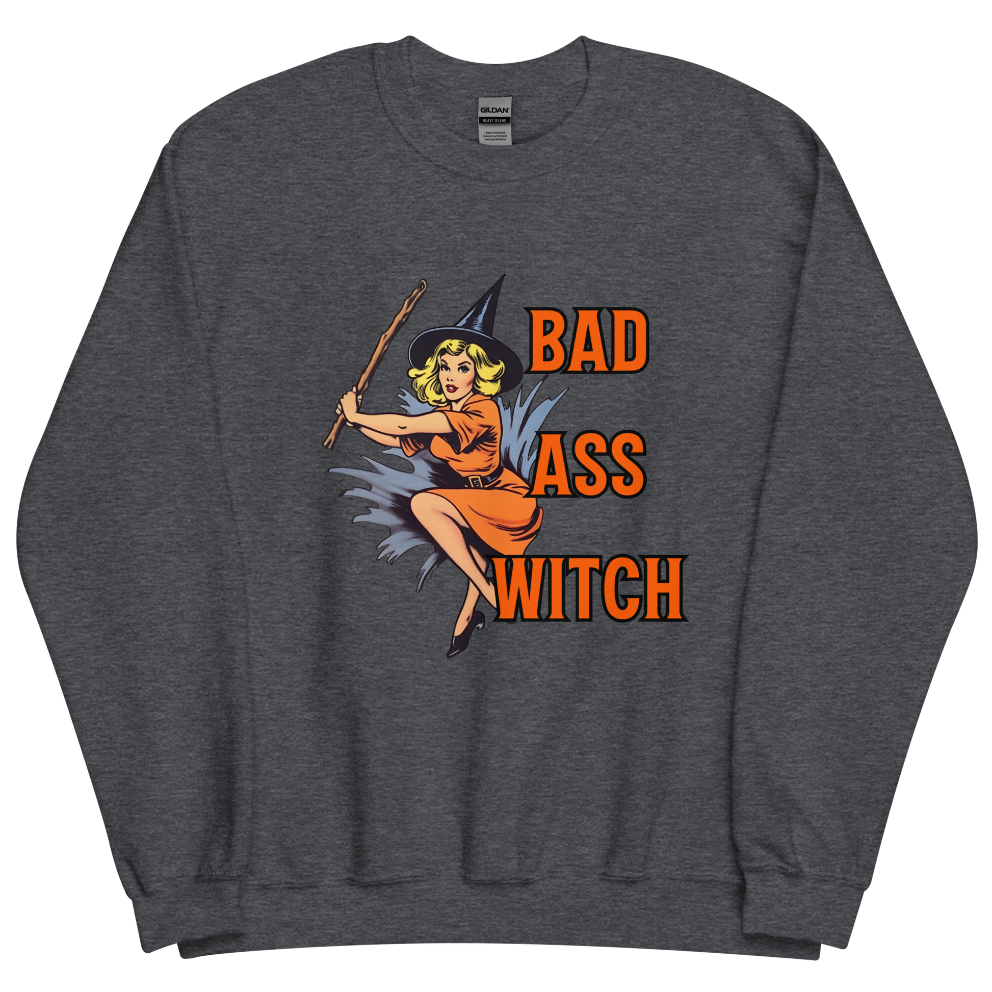 Dark grey heather sweatshirt with "Bad witch" Original Nine-29 Design