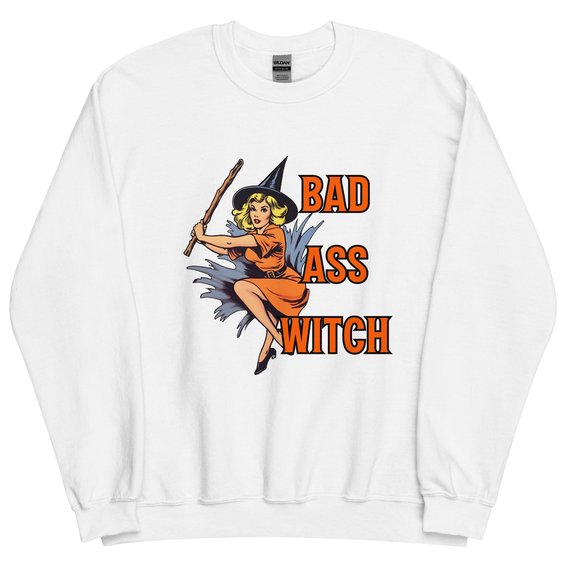 White sweatshirt with "Bad witch" Original Nine-29 Design