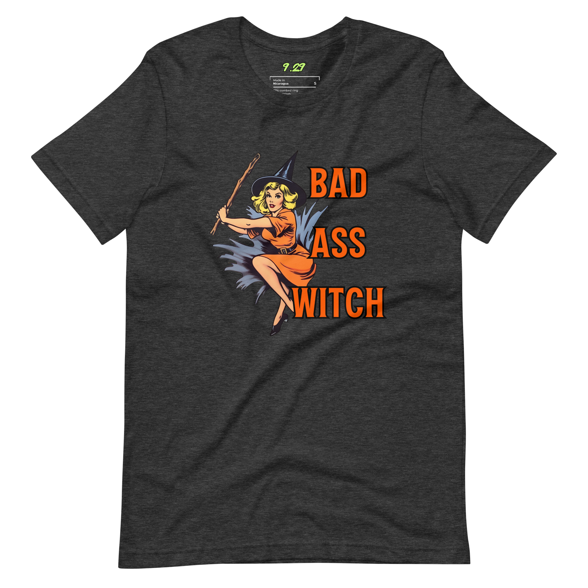 Dark grey heather t-shirt with "Bad Witch" Original Nine-29 Design