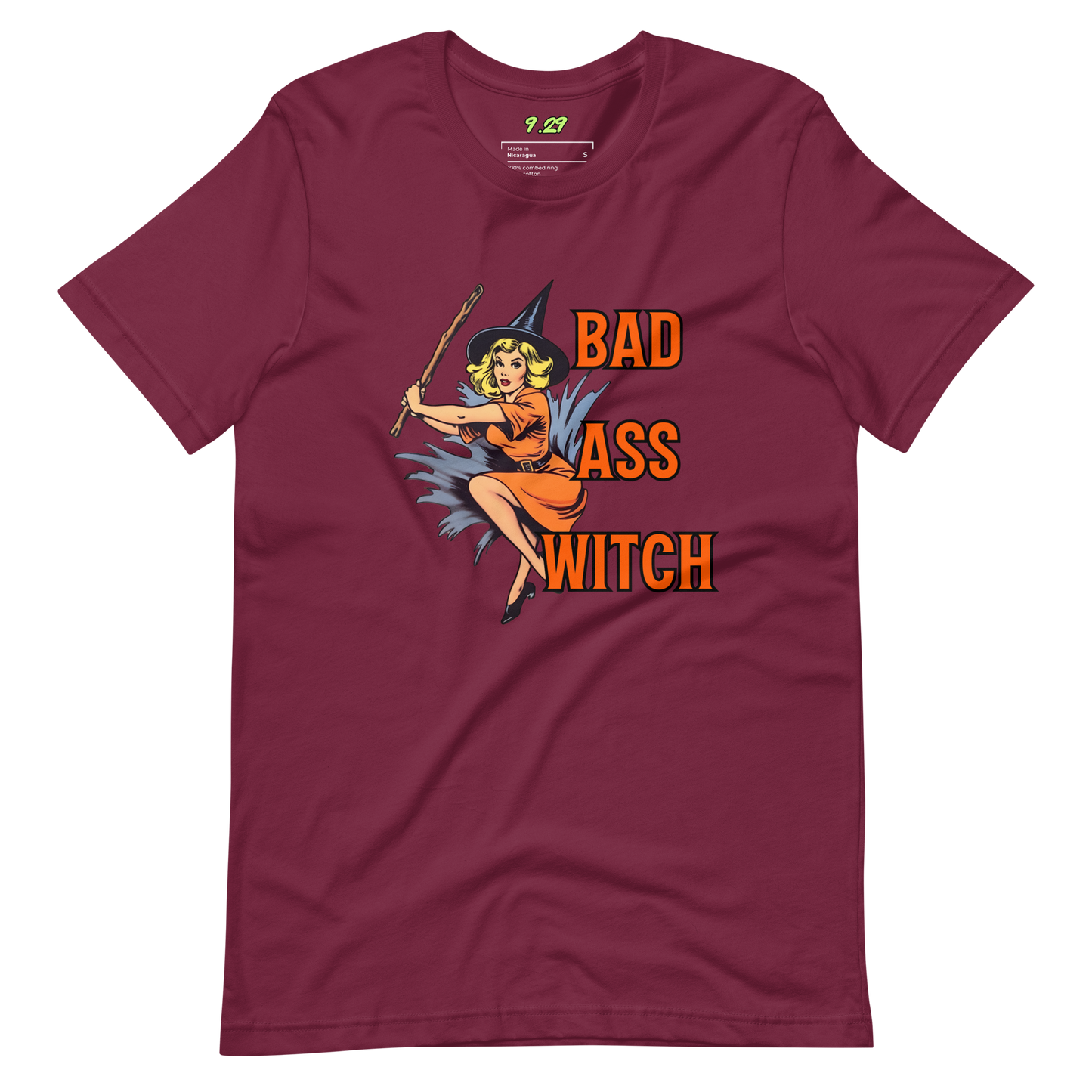 Maroon t-shirt with "Bad Witch" Original Nine-29 Design