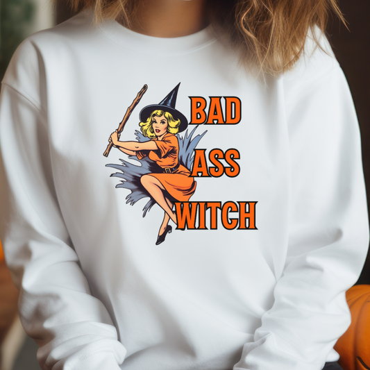 Female model wearing white sweatshirt with "Bad witch" Original Nine-29 Design