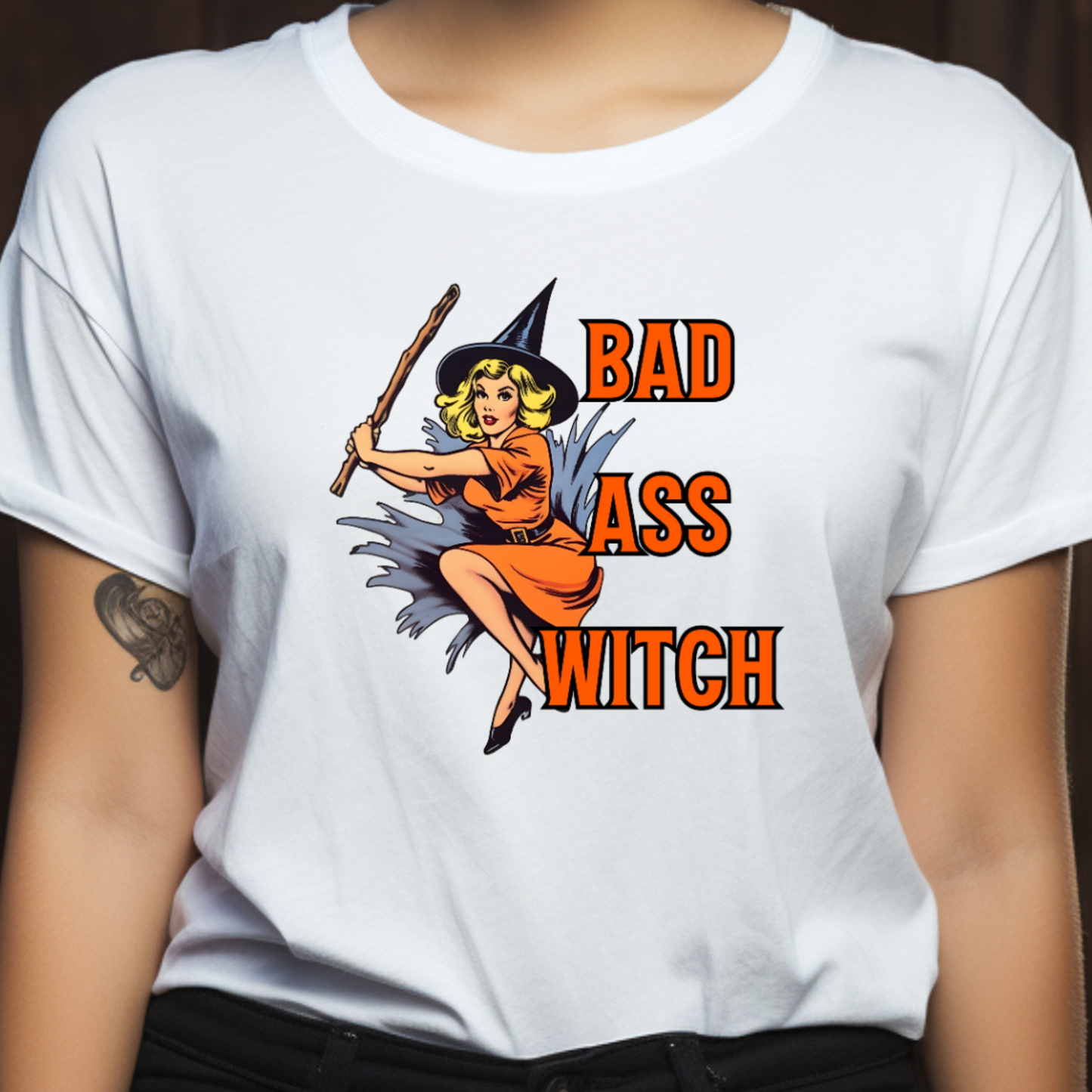 Female model wearing white t-shirt with "Bad Witch" Original Nine-29 Design