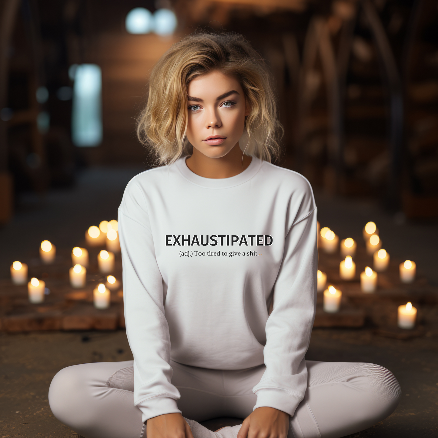 Female model wearing white sweatshirt with "Exhaustipated" Original Nine-29 Design