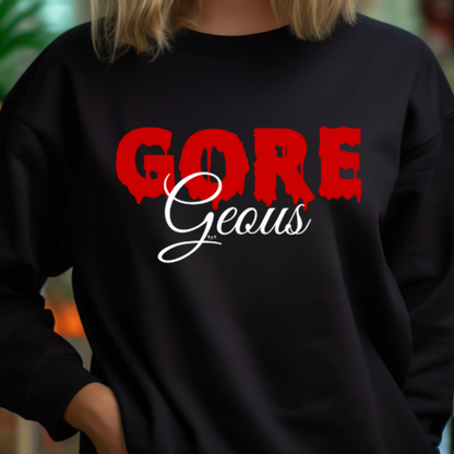 Female model wearing Black sweatshirt with "GOREGeous" Original Nine-29 Design