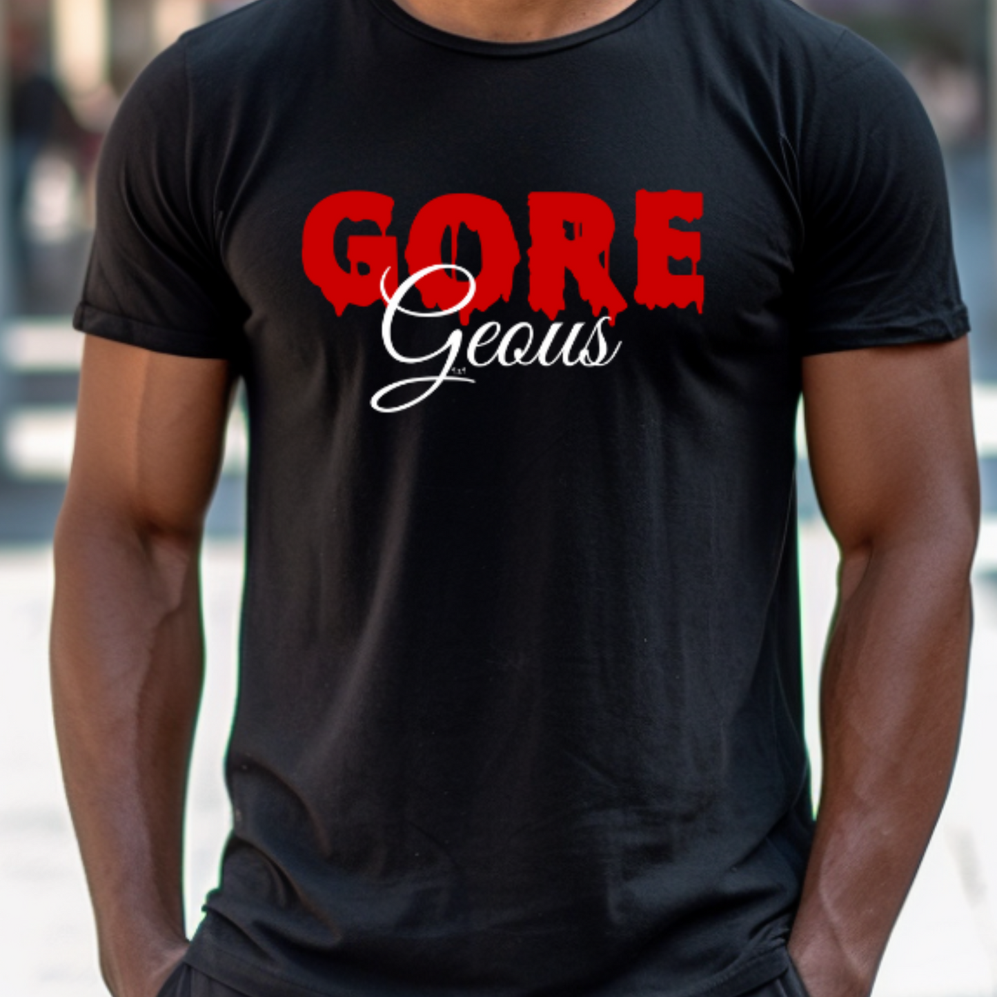 Male model wearing Black t-shirt with "GOREGeous" Original Nine-29 Design