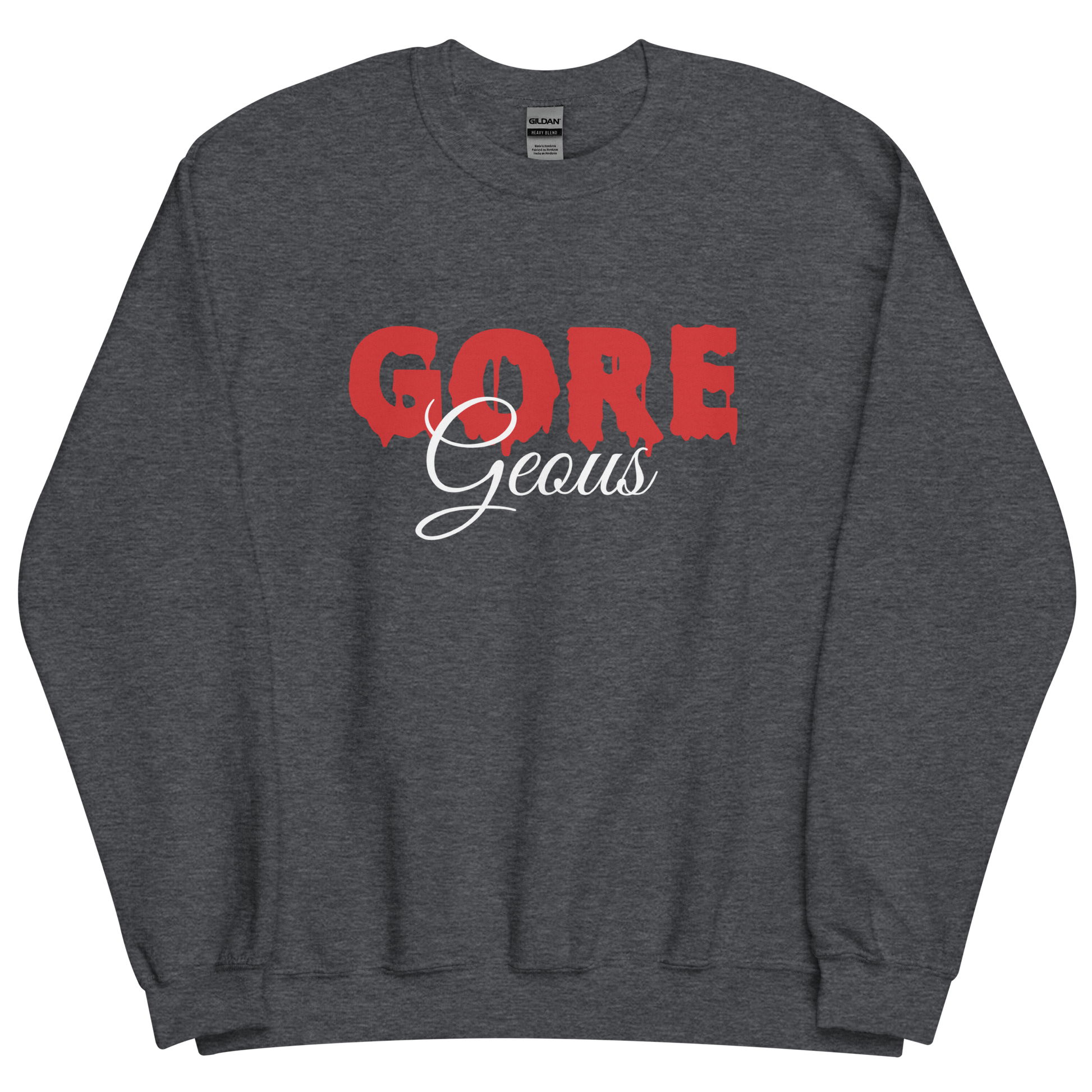 Dark grey heather sweatshirt with "GOREGeous" Original Nine-29 Design