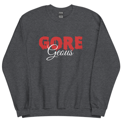 Dark grey heather sweatshirt with "GOREGeous" Original Nine-29 Design