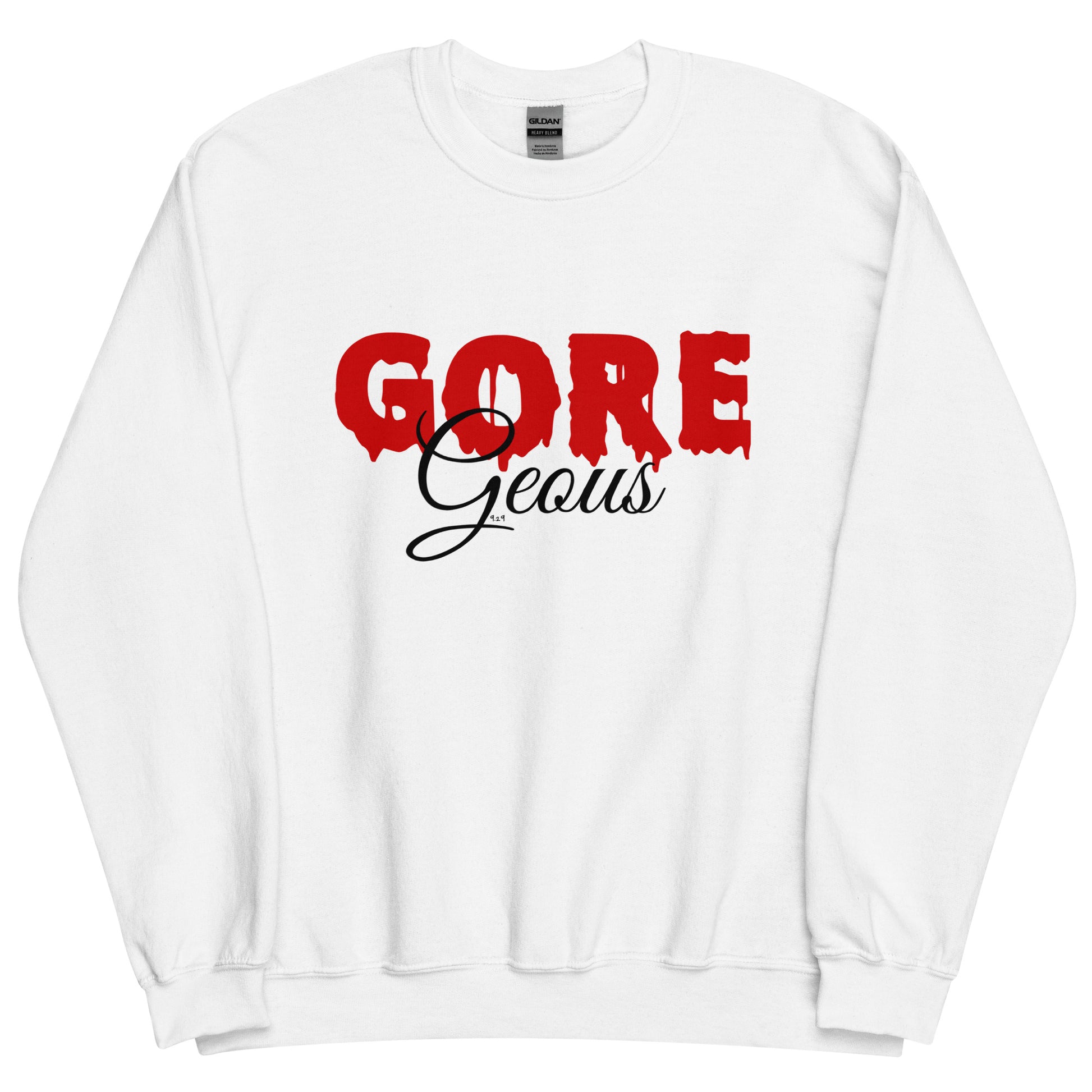 White sweatshirt with "GOREGeous" Original Nine-29 Design