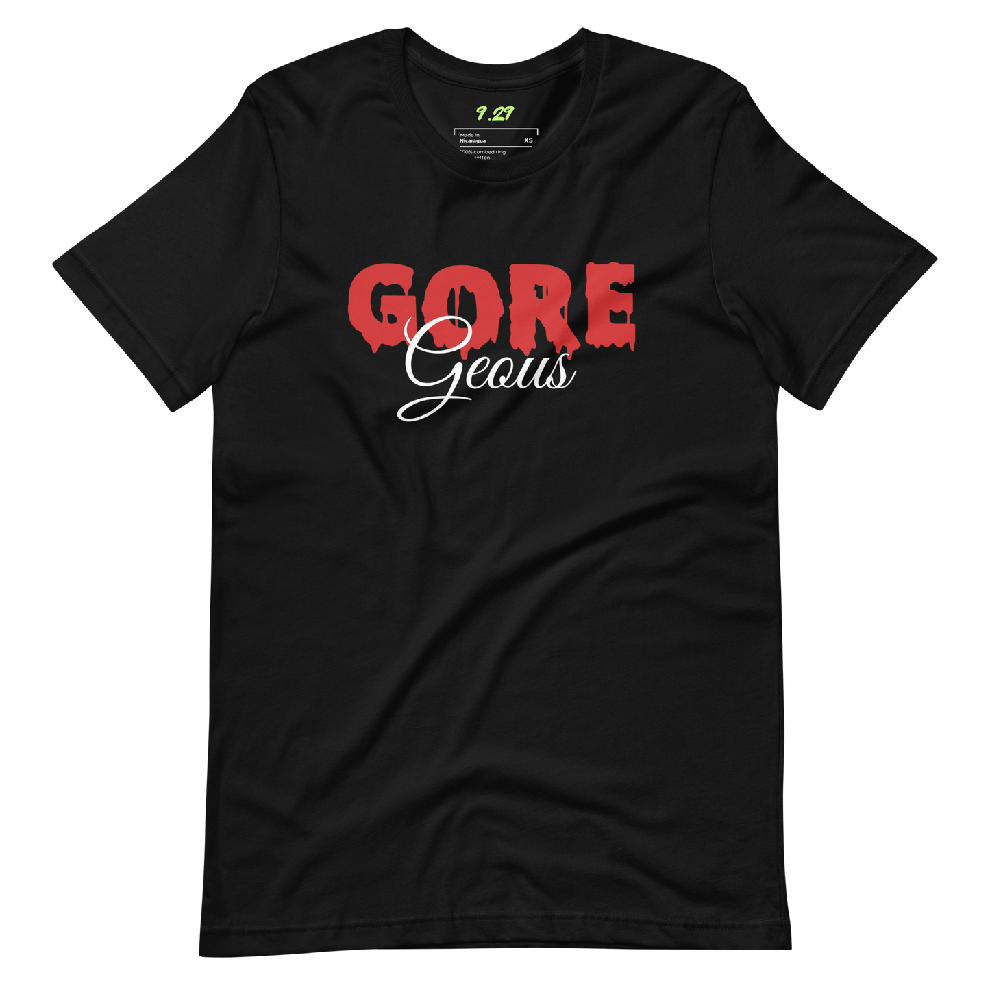 Black t-shirt with "GOREGeous" Original Nine-29 Design