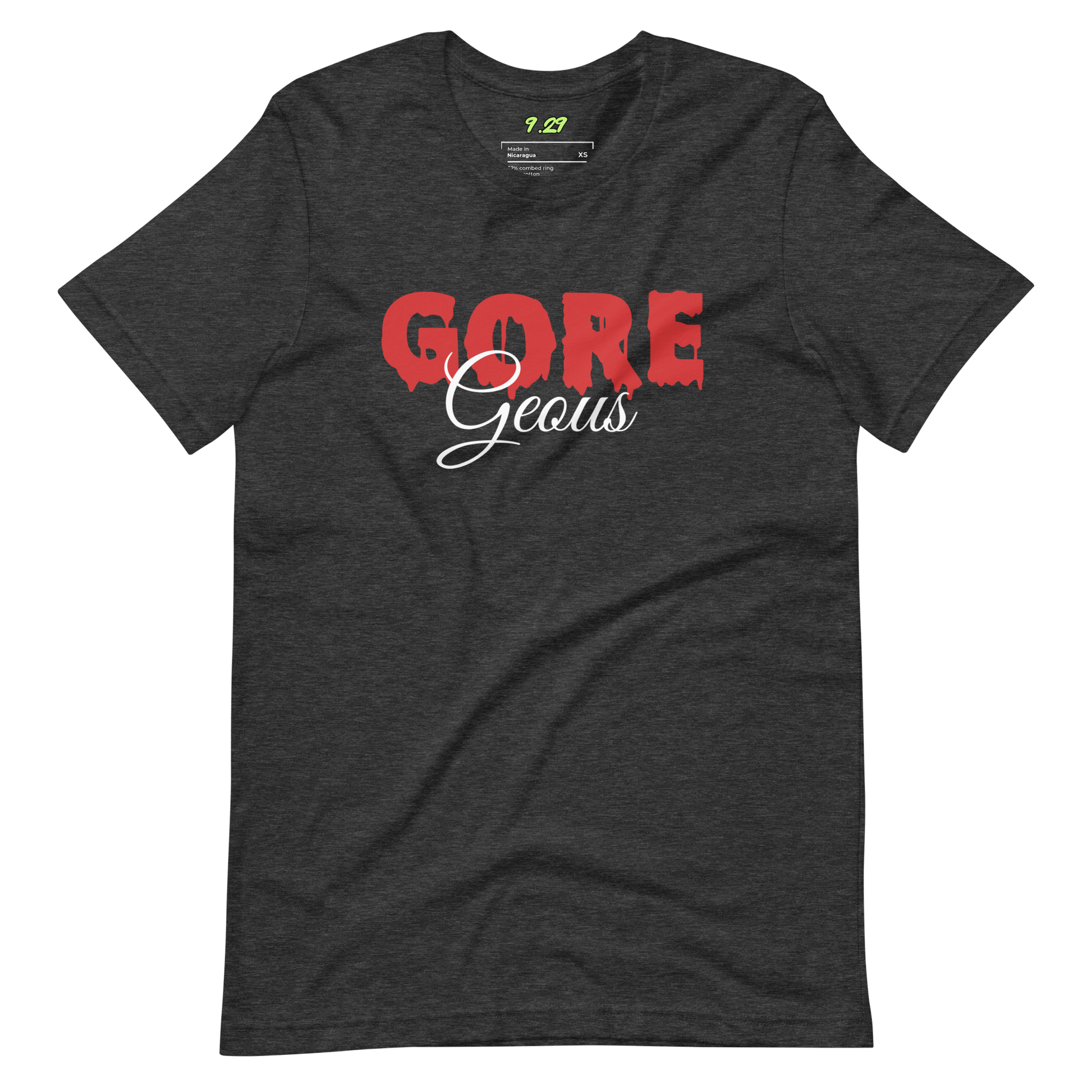 Dark grey heather t-shirt with "GOREGeous" Original Nine-29 Design