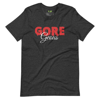 Dark grey heather t-shirt with "GOREGeous" Original Nine-29 Design