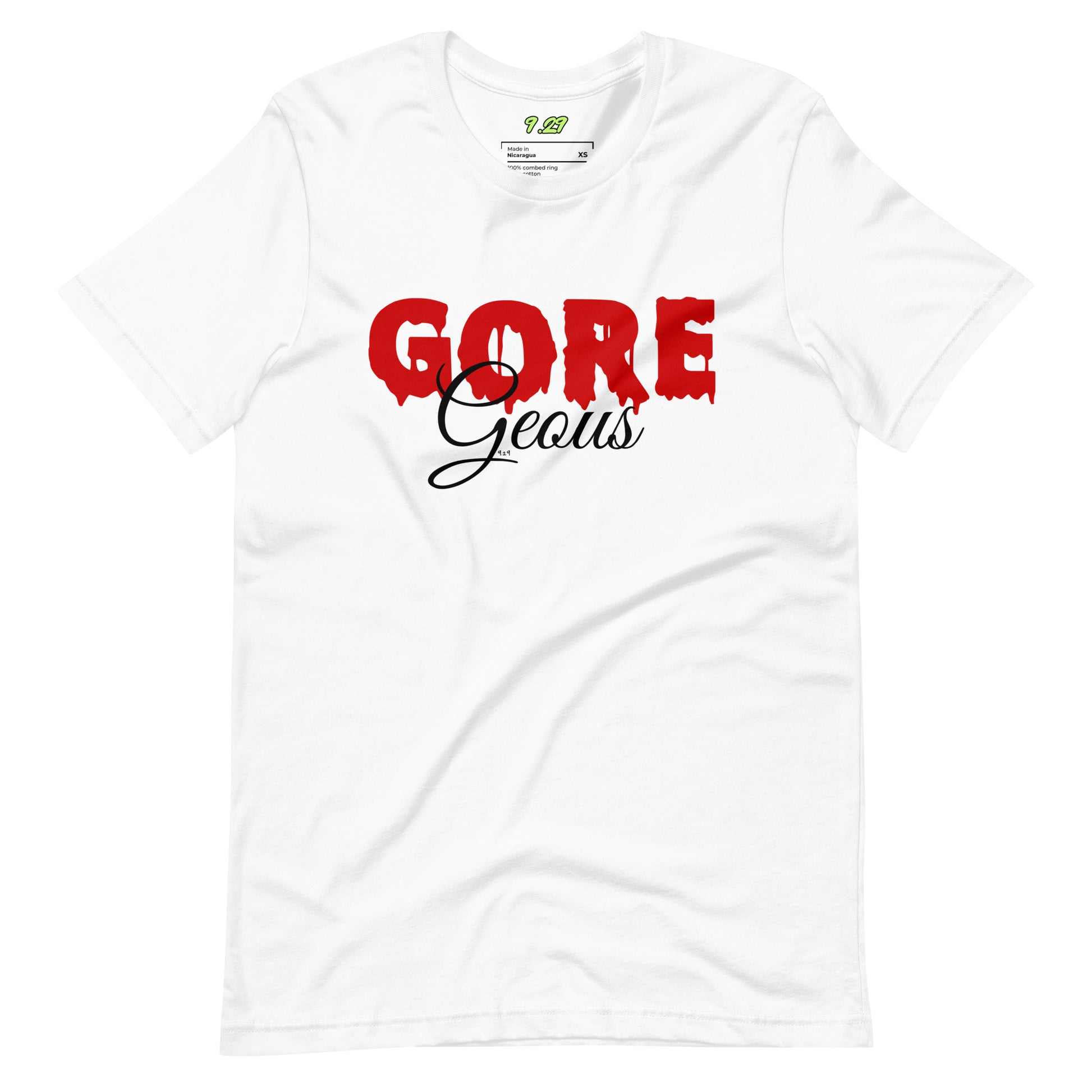 White t-shirt with "GOREGeous" Original Nine-29 Design