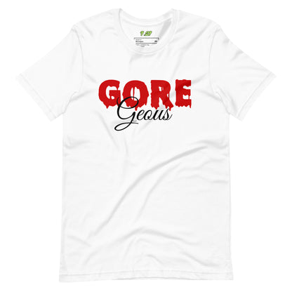 White t-shirt with "GOREGeous" Original Nine-29 Design