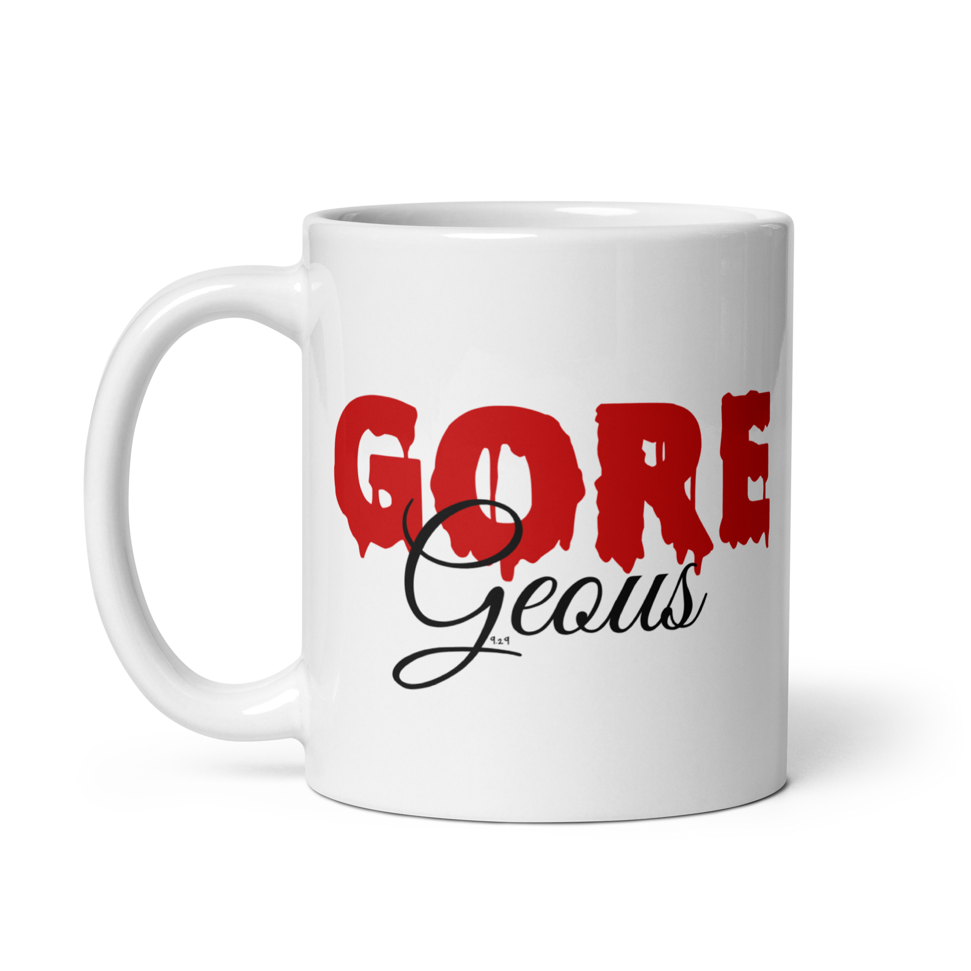 White mug with "GOREGeous" Original Nine-29 Design