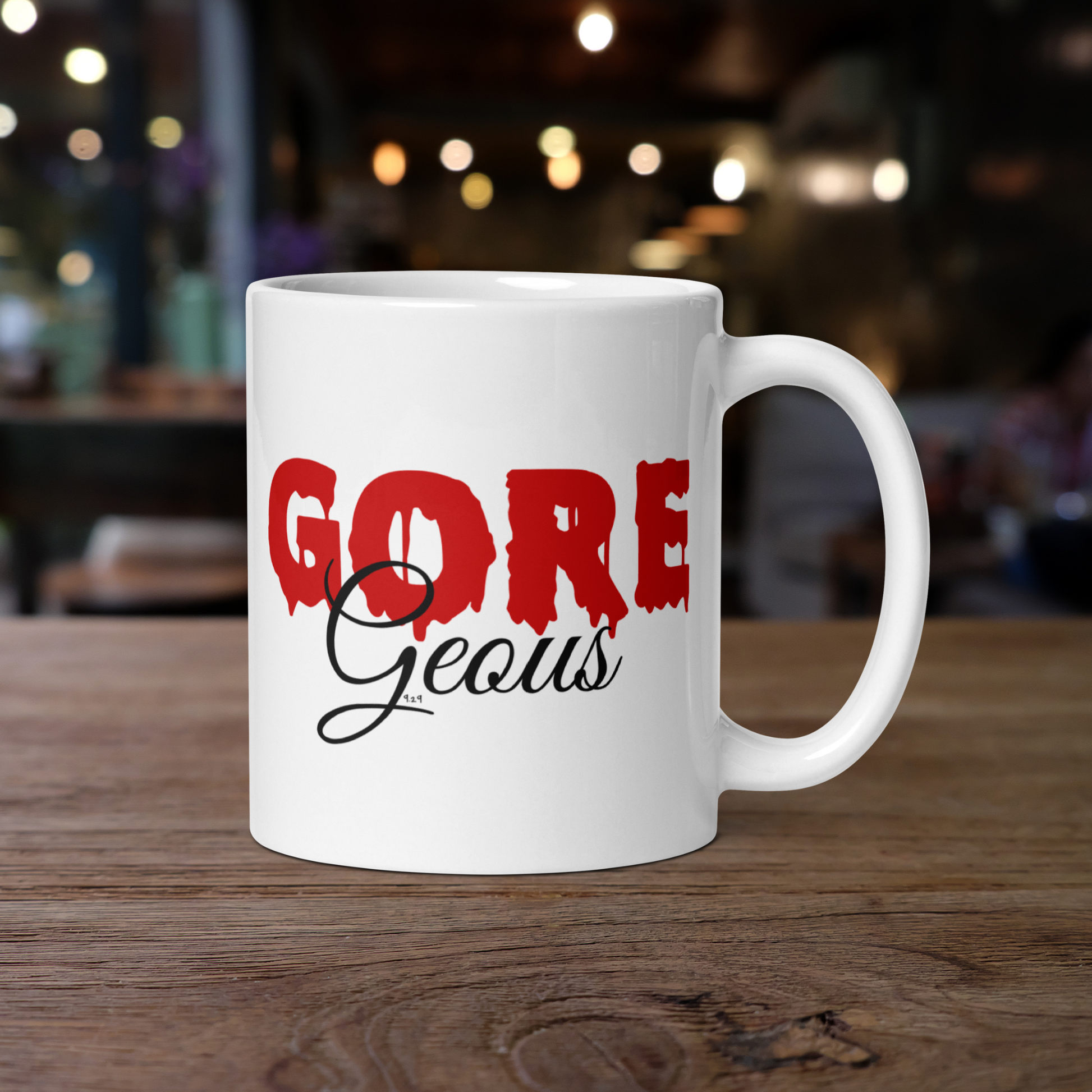 Thumbnail with White mug with "GOREGeous" Original Nine-29 Design