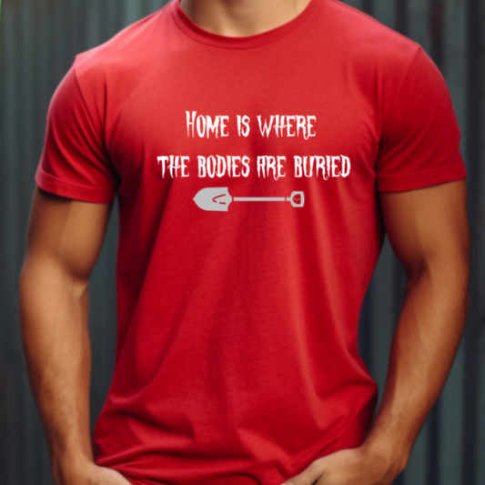 Male model wearing Red t-shirt with "Home" Original Nine-29 Design