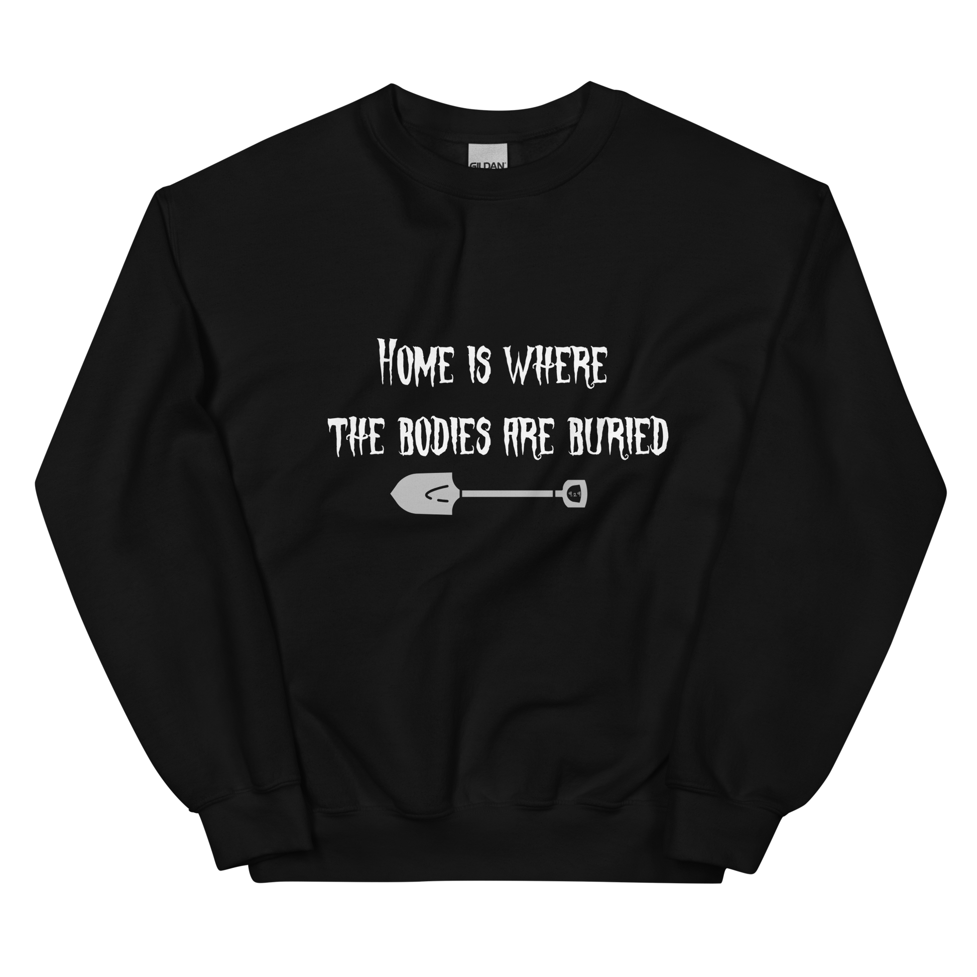 Black unisex Gildan sweatshirt with original Nine-29 Design "Home" in white