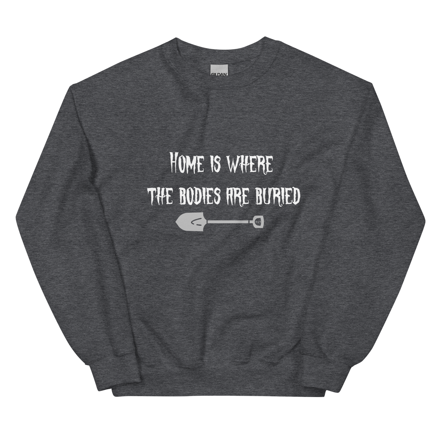 Dark Heather Grey unisex Gildan sweatshirt with original Nine-29 Design "Home " in white