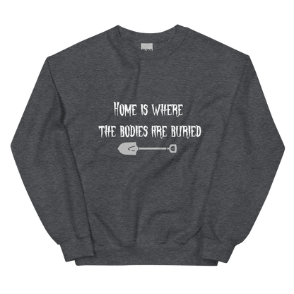 Dark Heather Grey unisex Gildan sweatshirt with original Nine-29 Design "Home " in white