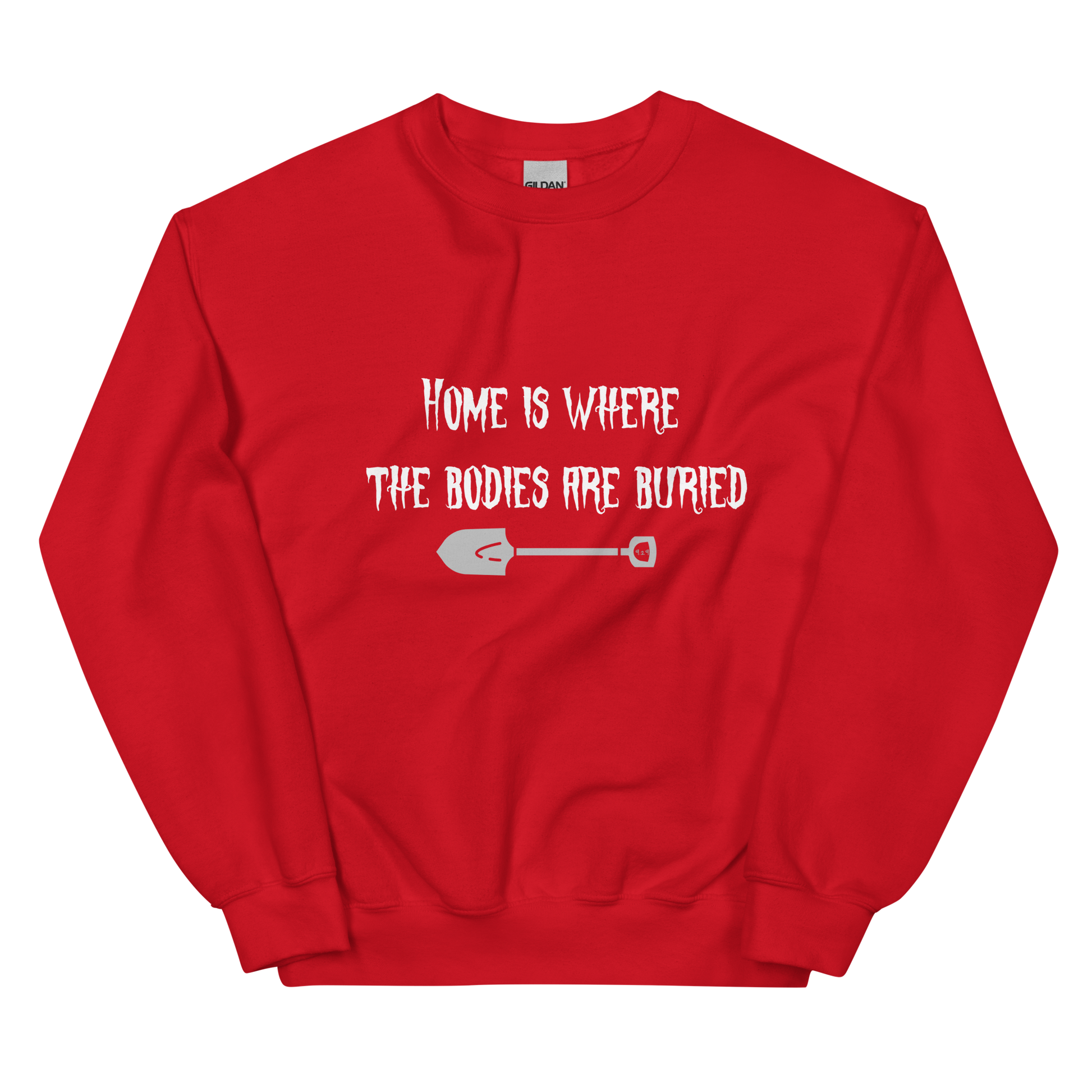 Red unisex Gildan sweatshirt with original Nine-29 Design "Home" in white