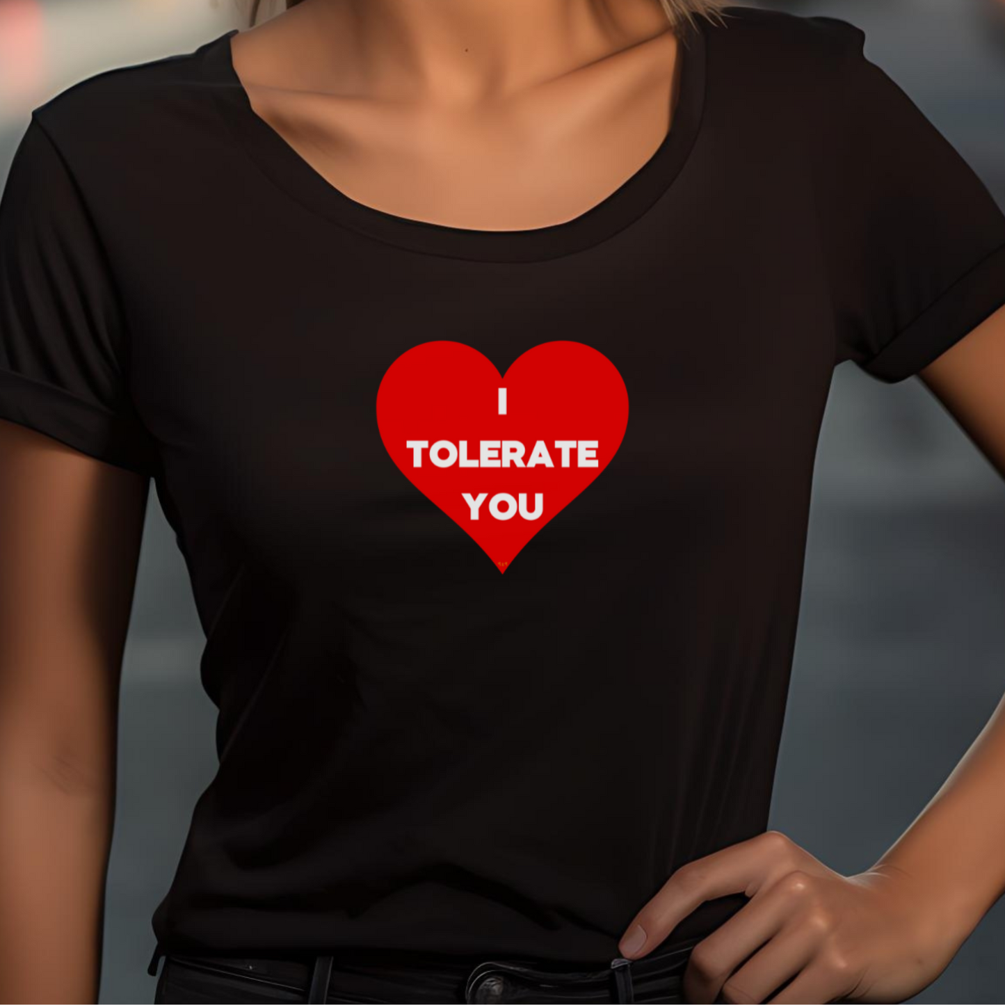 Female model wearing black t-shirt with "I tolerate you" Original Nine-29 Design