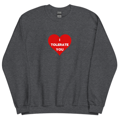 Dark grey heather sweatshirt with "I tolerate you" Original Nine-29 Design