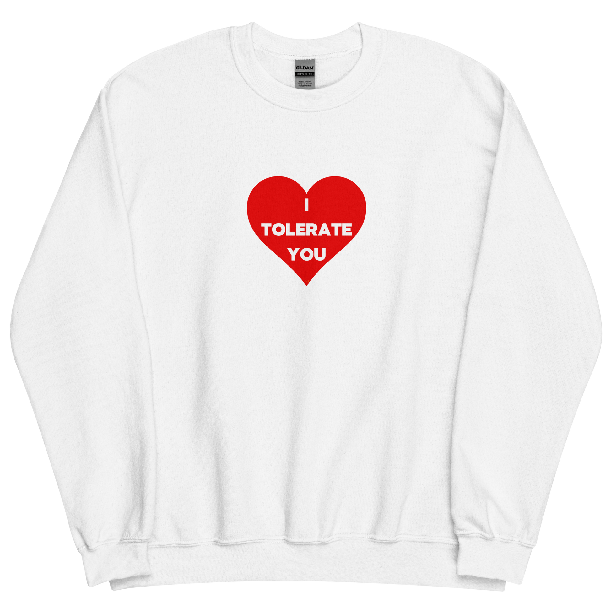 White sweatshirt with "I tolerate you" Original Nine-29 Design