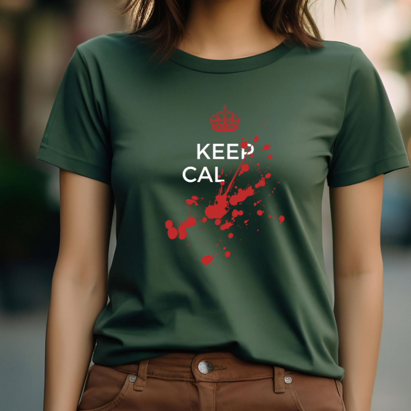 Female model wearing Forest green t-shirt with "Keep calm" Original Nine-29 Design