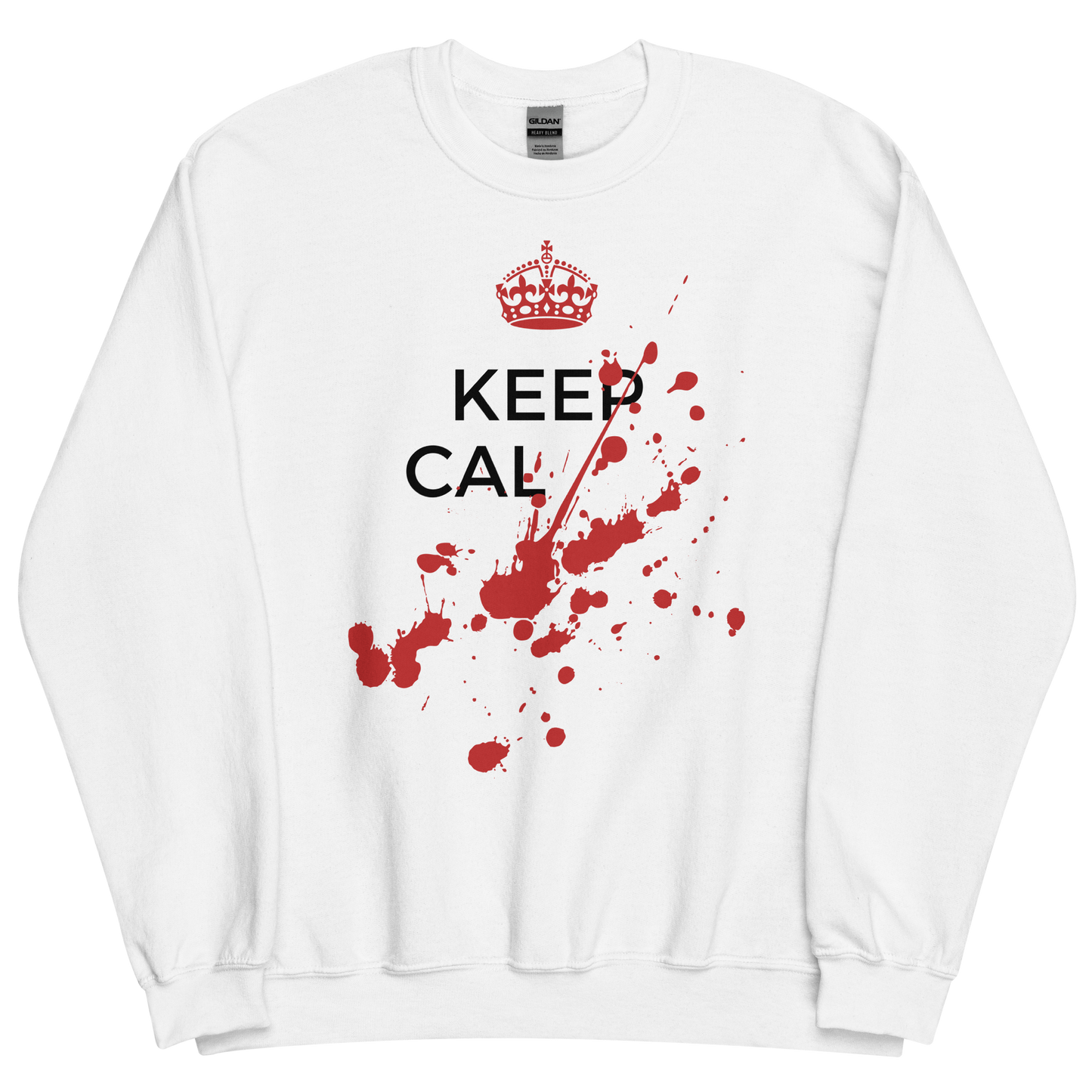 White sweatshirt with Savage "Keep Calm" Original design by Nine-29 Design