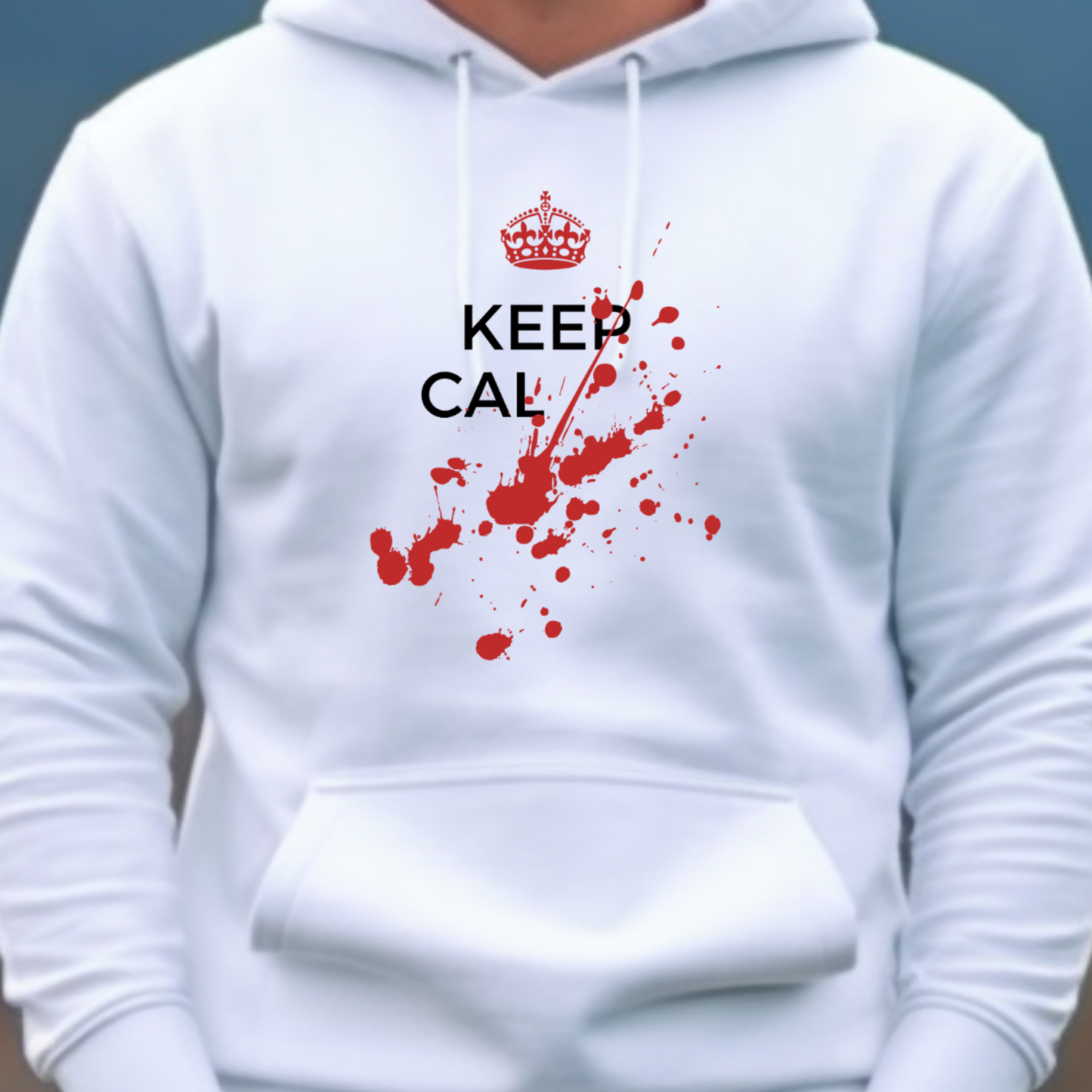 Male model wearing White Hoodie with "Keep calm" Original Nine-29 Design