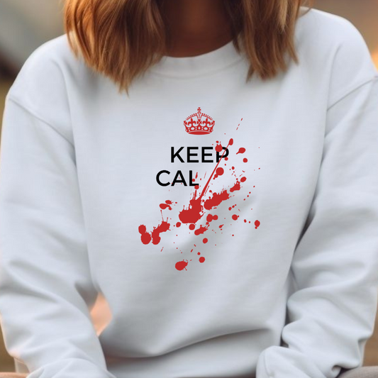 Female model wearing White sweatshirt with "Keep calm" Original Nine-29 Design