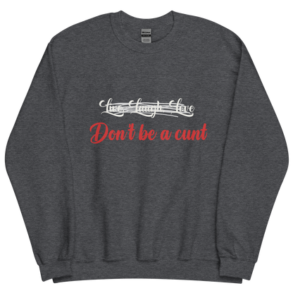 Dark Heather grey unisex Gildan sweatshirt with original Nine-29 Design "Live, Laugh, Love" in white and red