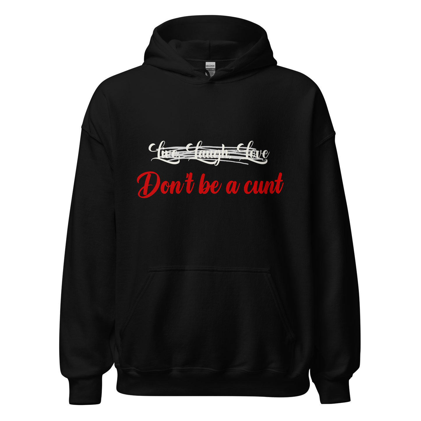 Black unisex Gildan hoodie with original Nine-29 Design "Live, Laugh, Love" in white and red