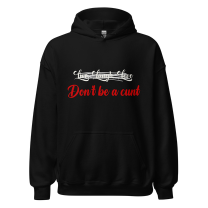 Black unisex Gildan hoodie with original Nine-29 Design "Live, Laugh, Love" in white and red