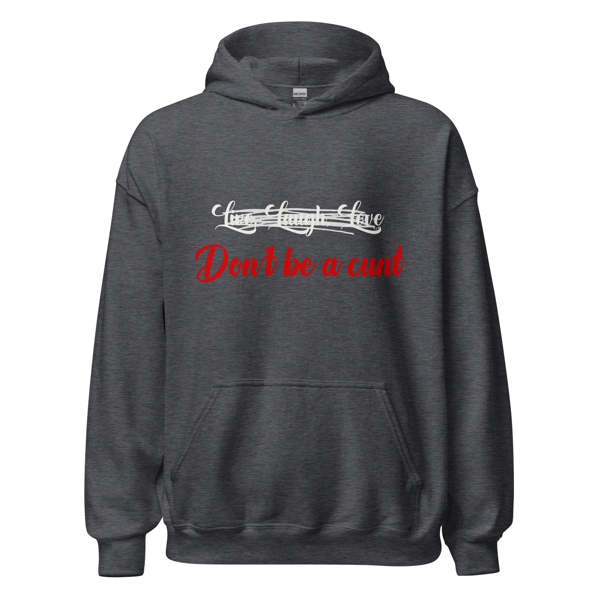 Dark Heather Grey unisex Gildan hoodie with original Nine-29 Design "Live, Laugh, Love" in white and red