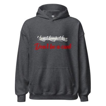 Dark Heather Grey unisex Gildan hoodie with original Nine-29 Design "Live, Laugh, Love" in white and red