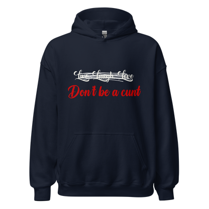 Navy unisex Gildan hoodie with original Nine-29 Design "Live, Laugh, Love" in white and red