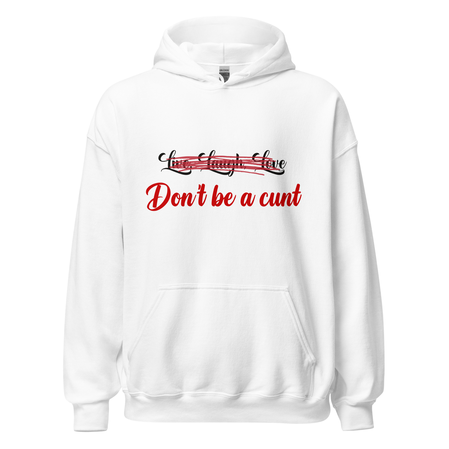 White unisex Gildan hoodie with original Nine-29 Design "Live, Laugh, Love" in black and red