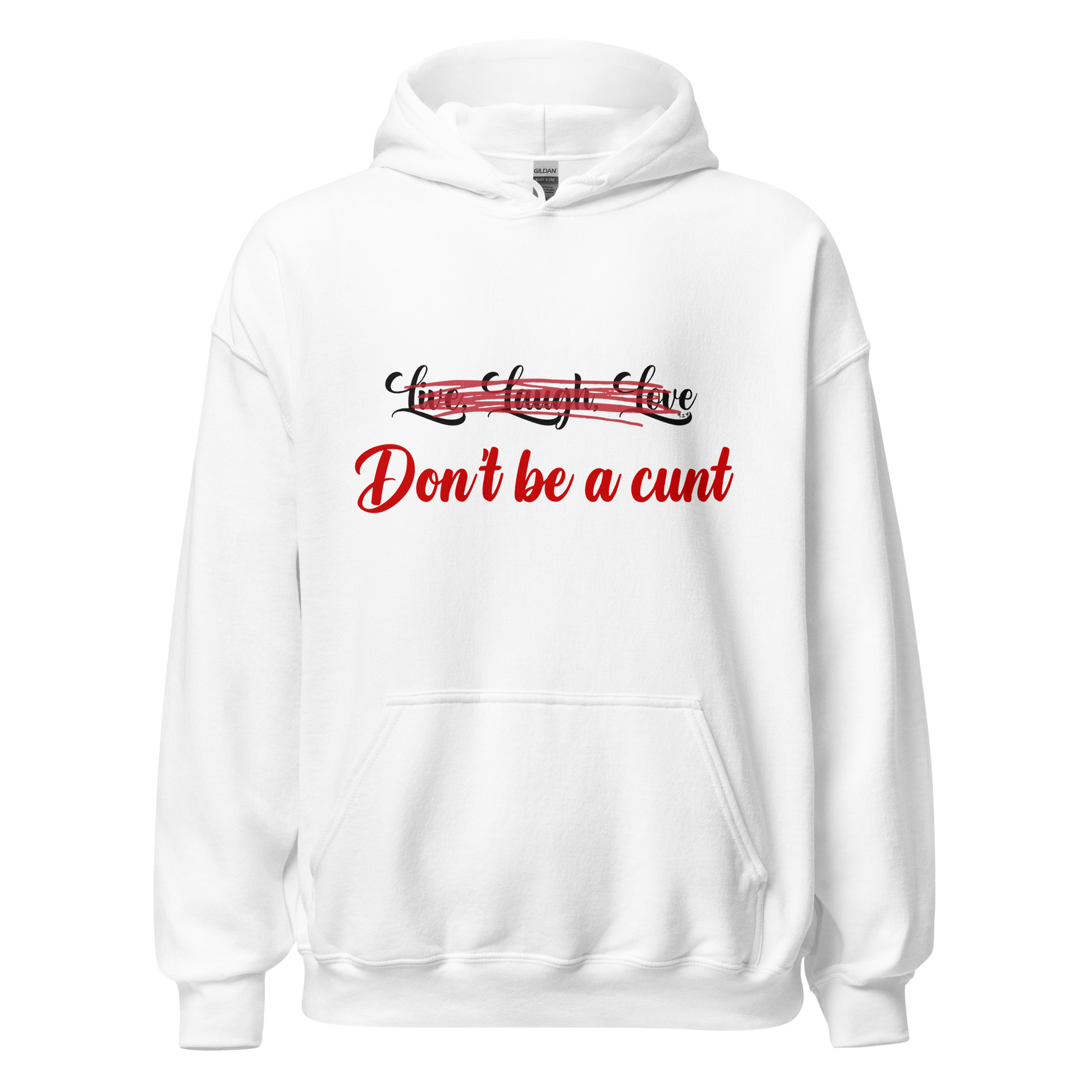 White unisex Gildan hoodie with original Nine-29 Design "Live, Laugh, Love" in black and red