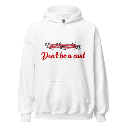 White unisex Gildan hoodie with original Nine-29 Design "Live, Laugh, Love" in black and red