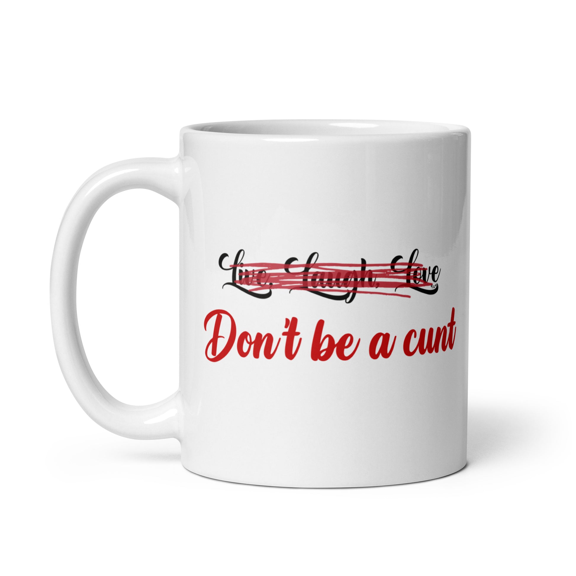 White mug with original Nine-29 Design "Live, Laugh, Love" in black and red