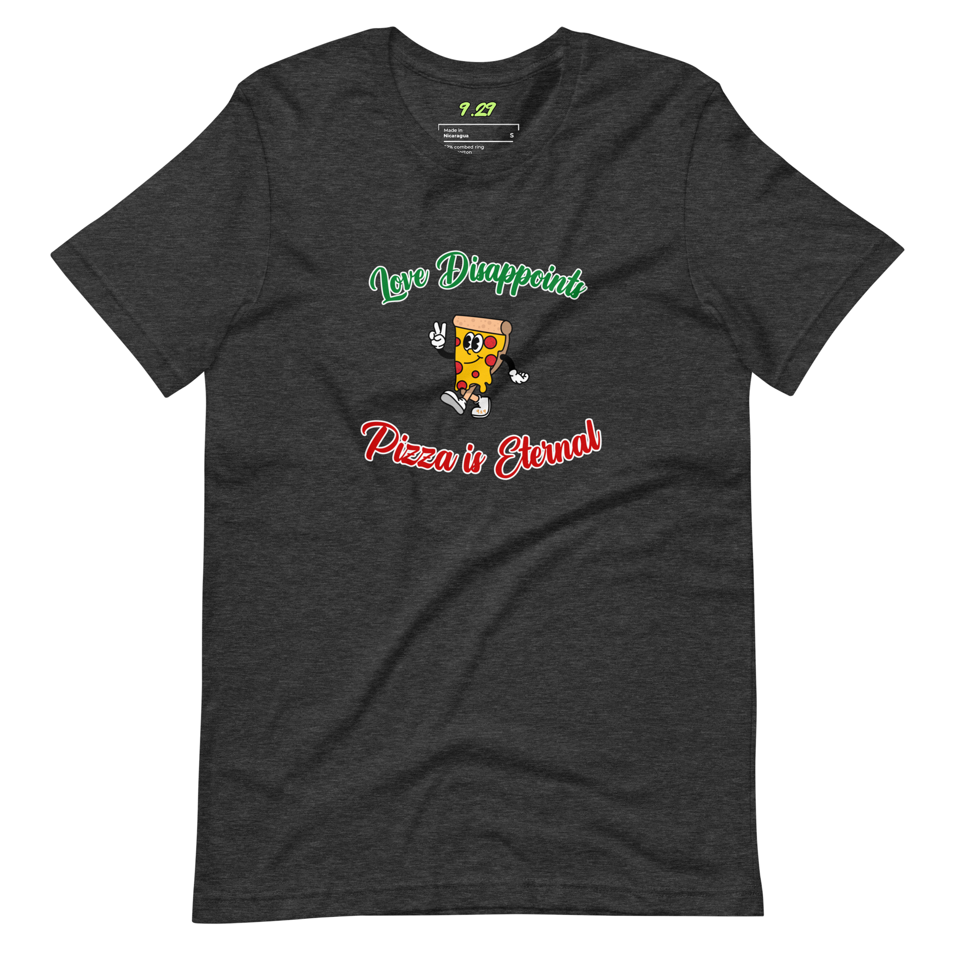 Dark grey heather t-shirt with "Love and pizza" Original Nine-29 Design