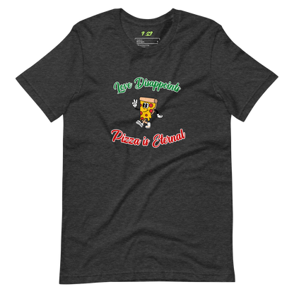 Dark grey heather t-shirt with "Love and pizza" Original Nine-29 Design