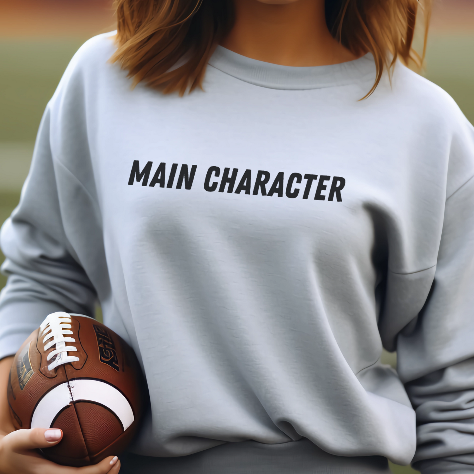 Female model wearing sport grey sweatshirt with "Main character" Original Nine-29 Design