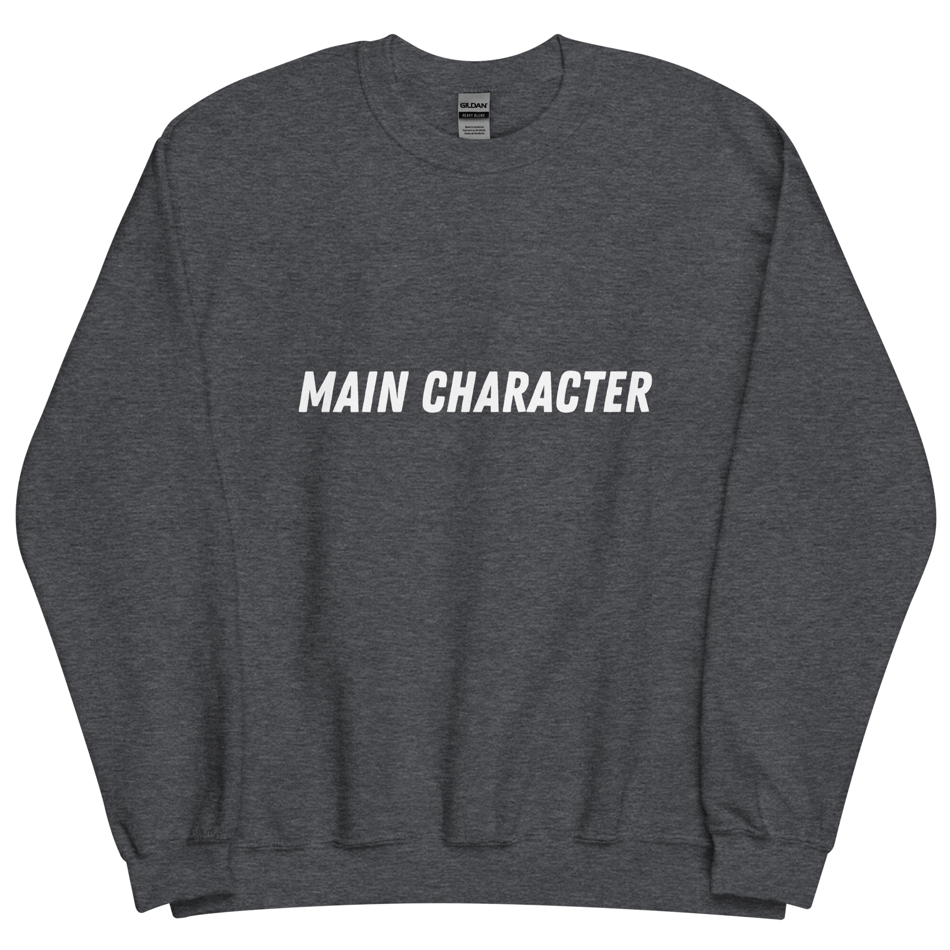 Dark grey heather sweatshirt with "Main character" Original Nine-29 Design