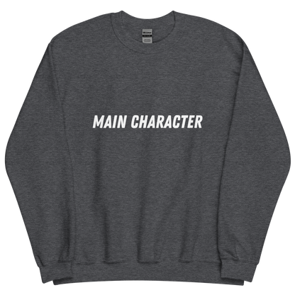 Dark grey heather sweatshirt with "Main character" Original Nine-29 Design