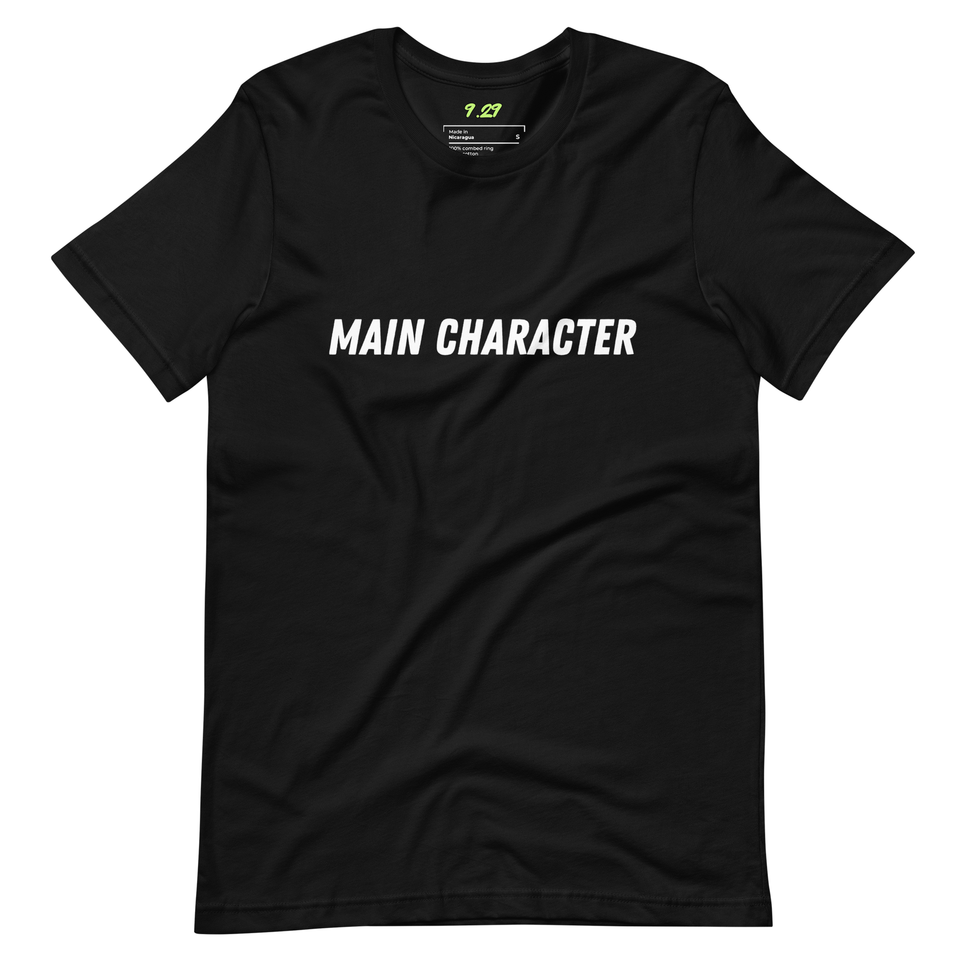 Black t-shirt with "Main character" Original Nine-29 Design