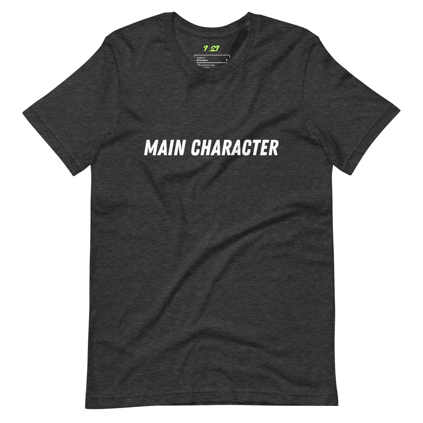 Dark grey heather t-shirt with "Main character" Original Nine-29 Design