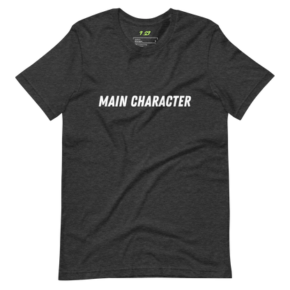 Dark grey heather t-shirt with "Main character" Original Nine-29 Design